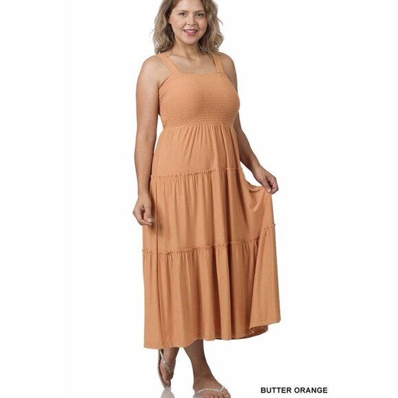 Zenana Butter Orange Smocked Tiered Midi Dress Plus Size 3X - Picture 1 of 2